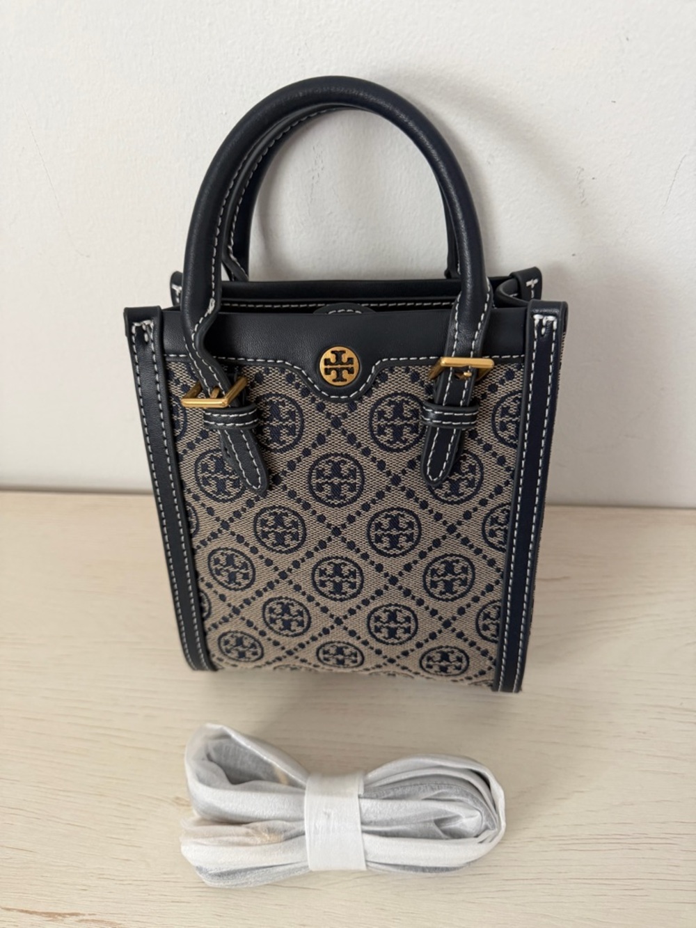 Tory Burch Navy and Beige Logo Jacquard Mini Tote